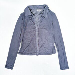 Pale Blue Mesh Button Up Long Sleeve Blouse